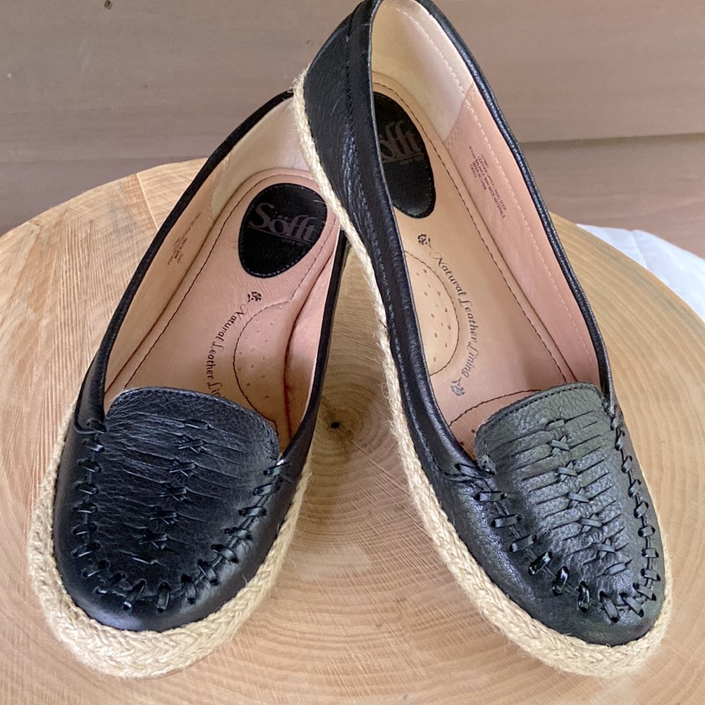 Leather Womens Black Flat Loafers with Jute Trim - Size 6.5